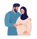 A traditional Muslim family is waiting for the birth of a child. Arab married couple, pregnant woman in a hijab. Flat 