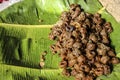 Traditional Myanmar sweet dessert on banana leaves in one of the m