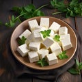 traditional national Indian food Paneer cheese cubes on a plate with cilantro on the table