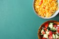 Traditional National Mexican Tomato Rice Stewed Pilaf with Hot Chili Peppers Garlic in Turquoise Bowl. Fresh Cucumber Onion Salsa Royalty Free Stock Photo