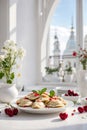 Traditional national Ukrainian food, pierogi with sour cherry. Varenyky, generative AI Royalty Free Stock Photo