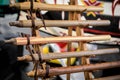 Traditional Native American Indian flutes on display for sale at a powwow, San Francisco