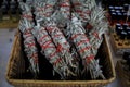 Traditional Native American Indian ritual white sage smudge sticks for sale at a powwow, San Francisco