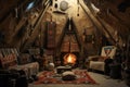 Traditional native american teepee interior with firepit Royalty Free Stock Photo