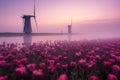 Traditional Netherlands Holland dutch scenery with windmill along a canal and tulips, Netherlands. AI Generative Royalty Free Stock Photo