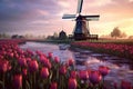 Traditional Netherlands Holland dutch scenery with windmill along a canal and tulips, Netherlands. AI Generative Royalty Free Stock Photo