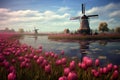 Traditional Netherlands Holland dutch scenery with windmill along a canal and tulips, Netherlands. AI Generative Royalty Free Stock Photo