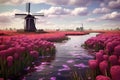 Traditional Netherlands Holland dutch scenery with windmill along a canal and tulips, Netherlands. AI Generative Royalty Free Stock Photo