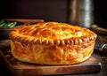 Traditional New Zealand style meat pie with buttery flaky pastry on wood cutting board. Local cuisine specialty