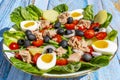 Traditional Nicoise Salad on a blue wooden background. Salad ingredients Tuna, Eggs, Potatoes, Green Beans, Cherry Tomatoes and
