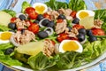 Traditional Nicoise Salad on a blue wooden background. Salad ingredients Tuna, Eggs, Potatoes, Green Beans, Cherry Tomatoes and