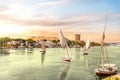 Traditional Nile boats called felucca and river scenery in Aswan, Egypt Royalty Free Stock Photo