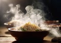 Traditional noodles in bowl with steam and chopsticks on dark background.Macro.AI Generative