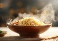 Traditional noodles in bowl with steam and chopsticks on light background.Macro.AI Generative