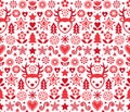 Christmas cute Scandinavian folk art vector red seamless pattern, repetitive design with reindeer, snowflakes, hearts, stars, Chri Royalty Free Stock Photo