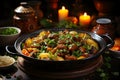 Traditional North African dish with aromatic spices, meats and vegetables