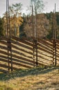 Traditional Northern European roundpole fence in a grass field during autumn. Old rustic and weathered wooden fence in the Royalty Free Stock Photo