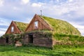 Traditional northern scandinavian houses with turf and grass, summer time in Iceland