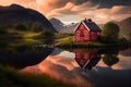 Traditional Norvegian country house and amazing landscape