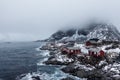 Traditional Norwegian fisherman`s cabins, rorbuer, island of Hamnoy, Reine .