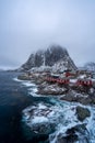 Traditional Norwegian fisherman`s cabins, rorbuer, island of Hamnoy, Reine .