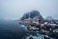 Traditional Norwegian fisherman`s cabins, rorbuer, island of Hamnoy, Reine .