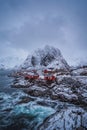 Traditional Norwegian fisherman`s cabins, rorbuer, island of Hamnoy, Reine .