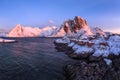 Traditional Norwegian fisherman\'s cabins, rorbuer, on the island of Hamnoy Royalty Free Stock Photo