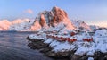 Traditional Norwegian fisherman\'s cabins, rorbuer, on the island Lofotent at sunrise
