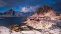 Traditional Norwegian fisherman`s cabins, rorbuer, on the island