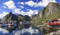 Traditional Norwegian fishing boats and houses in Berger, Norway Royalty Free Stock Photo