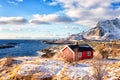 Traditional norwegian fishing houses rorbu on the Lofoten Islands, Hamnoy, Norway. Amazing winter landscape