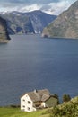 Traditional norwegian fjord landscape with old wooden house. Royalty Free Stock Photo