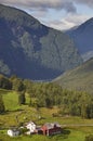 Traditional norwegian mountain landscape with old wooden houses. Royalty Free Stock Photo