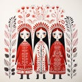 Traditional Norwegian Scandinavian illustration of women in red and white.