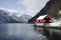 traditional Norwegian-style red house on the shore of a calm, deep blue lake, with snow-capped mountains in the background. ai Royalty Free Stock Photo