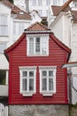 Traditional norwegian wooden facades. Antique street in Bergen.
