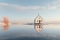 traditional Norwegian wooden house to stand at the lakeside and mountains in the distance