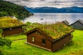 Traditional norwegian wooden house. Typical Norwegian house. Typical norwegian house with grass on the roof. Norwey Royalty Free Stock Photo