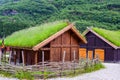 Traditional Norwegian wooden houses with grass on the roof  in Norway Royalty Free Stock Photo