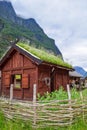 Traditional Norwegian wooden houses with grass on the roof  in Norway Royalty Free Stock Photo