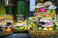 Traditional offerings to gods in Indonesia with flowers, fruits and aromatic sticks in temple, buddhist Royalty Free Stock Photo