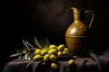 A traditional oil painting capturing a simple still life scene of a vase filled with olives resting on a table., Olive oil bottle