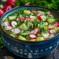 Traditional Okroshka, Summer Cold Soup Made of Diced Cucumbers, Radishes, Spring Onions Royalty Free Stock Photo