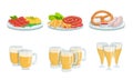 Traditional Oktoberfest Food and Beer Set, Glass Mugs of Light Beer, Sausages, Pretzel Vector Illustration