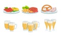 Traditional Oktoberfest Food and Beer Set, Glass Mugs of Light Beer, Sausages, Pretzel Vector Illustration Royalty Free Stock Photo