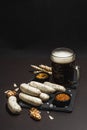 Traditional Oktoberfest set. Beer, weisswurst with mustard. German festival food concept