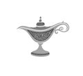 Traditional old arabic genie oil lamp, hand drawing Aladdin magic lamp isolated on white Royalty Free Stock Photo