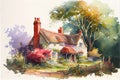 Traditional old English cottage house watercolour Royalty Free Stock Photo