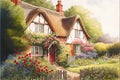 Traditional old English cottage in summer with colorful garden flowers Royalty Free Stock Photo